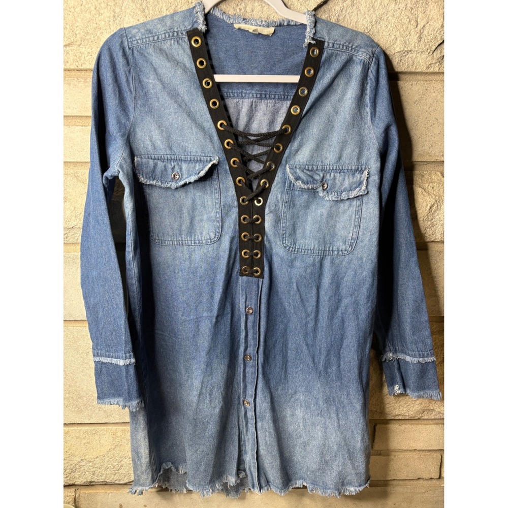 Hot & Delicious Womens Light Wash Lace Up Grommet Denim Tunic Dress Small HD0630